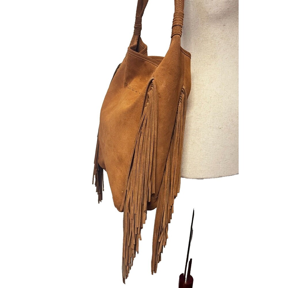 Margot Suede Leather Long Fringe Bucket Shoulder Bag Tote Brown Western Hippie - Picture 5 of 16